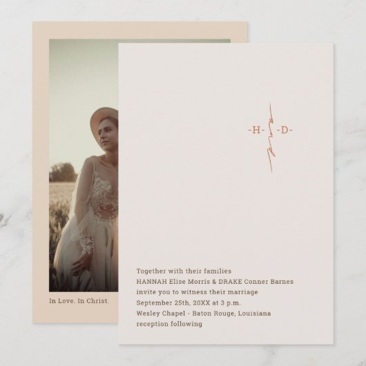 Invitation Christian Wedding Hand Lettered Monogram Cross (Devant / Derrière)