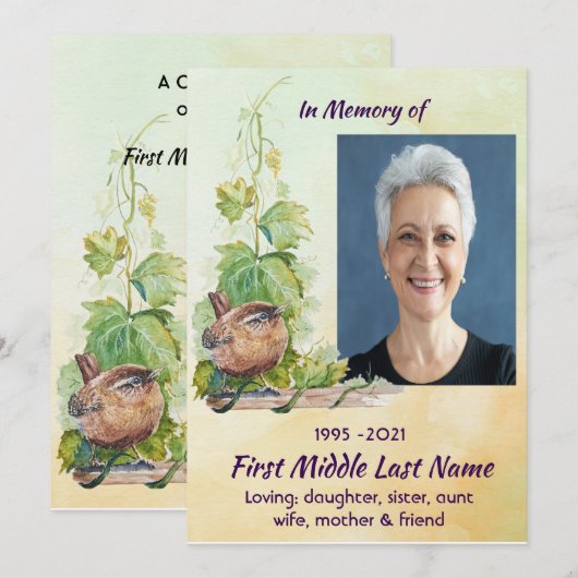 Invitation Christian Wren Bird Vineyard Celebration of Life (Devant / Derrière)