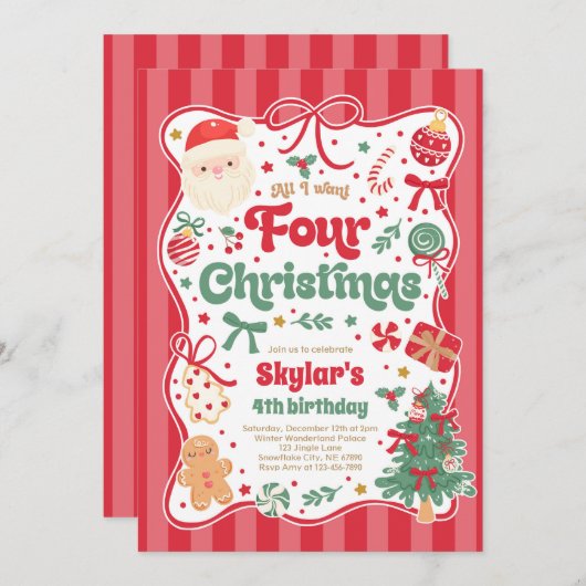 Invitation Christmas 4th Birthday Party Coquette Bow Birthday (Devant / Derrière)