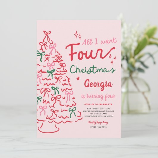 Invitation Christmas 4th Coquette Bow Christmas Tree Birthday (Debout devant)