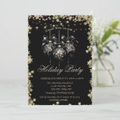 Invitation Christmas Balls Gold Stars Black Holiday (Debout devant)