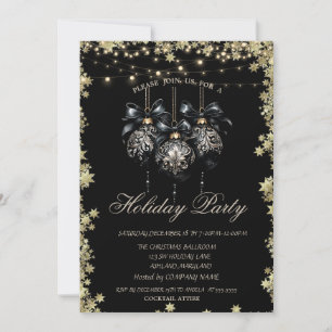 Invitation Christmas Balls Gold Stars Black Holiday