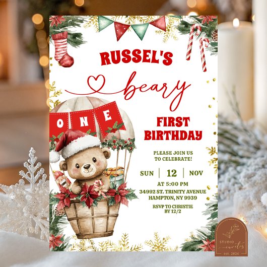Invitation Christmas Bear Air Balloon First Birthday