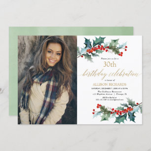 Invitation Christmas birthday red holly gold simple photo