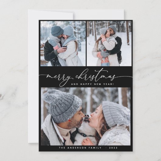 Invitation Christmas Black 3 Collage Multi Photo Holiday Card (Devant)