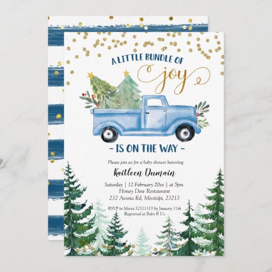 Invitation Christmas Blue Truck Baby Bundle of Joy (Devant / Derrière)