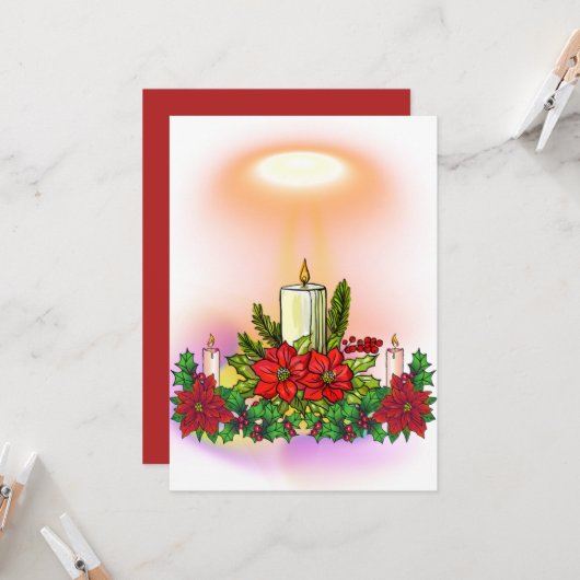 Invitation Christmas Candle Card with Poinsettia (Devant/Arrière en situation)