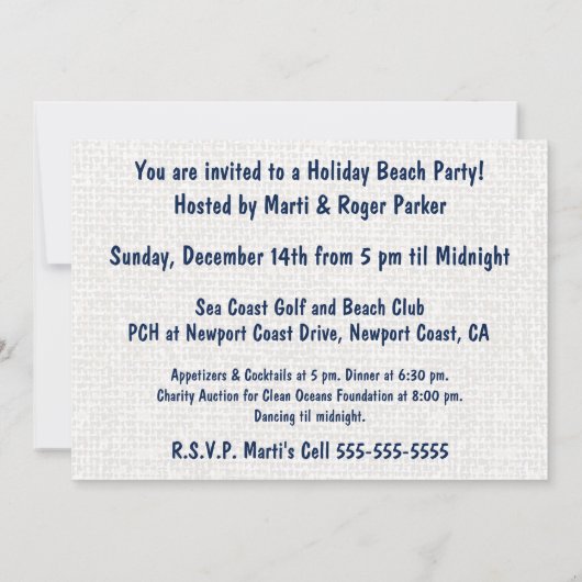 Invitation Christmas Coastal Tropical Sea Shells - Blue (Dos)