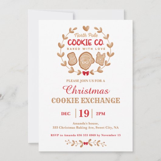Invitation Christmas Cookie Exchange Gingerbread Rouge Simple (Devant)