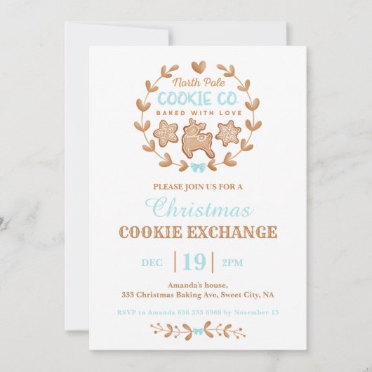 Invitation Christmas Cookie Exchange Gingerpain Bleu Simple (Devant)