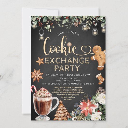 Invitation Christmas Cookie Hot Cocoa Exchange Party Floral (Devant)