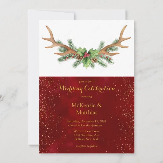 Invitation Christmas Deer Antler Burgundy Gold Mariage (Devant)