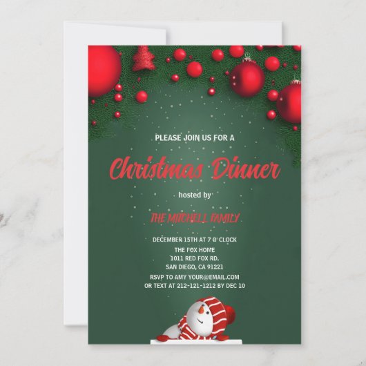 Invitation Christmas Dinner green Pine Red Berry  (Devant)