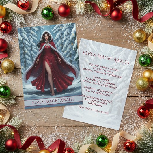 Invitation Christmas Elf in Red in Snowy Winter Forest Party