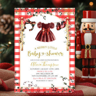 Invitation Christmas Gingham Girl Winter Clothes Baby Shower