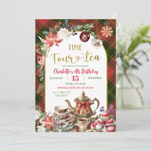 Invitation Christmas Gingham Time Four Tea 4th Birthday (Debout devant)