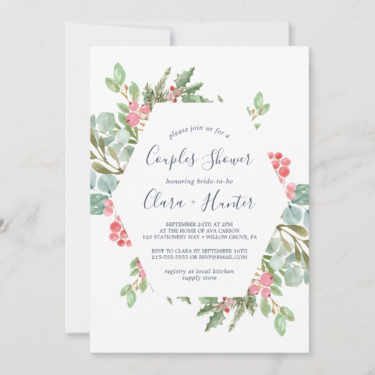 Invitation Christmas Green & Red Berry Couples Douche (Devant)