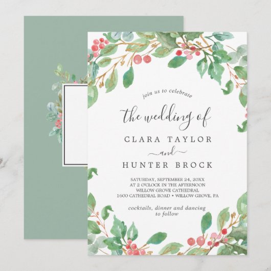 Invitation Christmas Green & Red Berry Le Mariage de (Devant / Derrière)