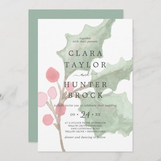 Invitation Christmas Greenery & Berry Faded Foliage Mariage (Devant / Derrière)