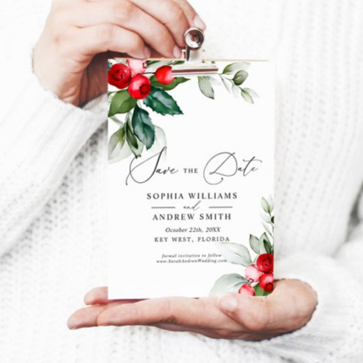 Invitation Christmas Greenery & Red Berries Sauvez la date