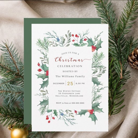 Invitation Christmas Greenery Watercolor Celebration Invitati