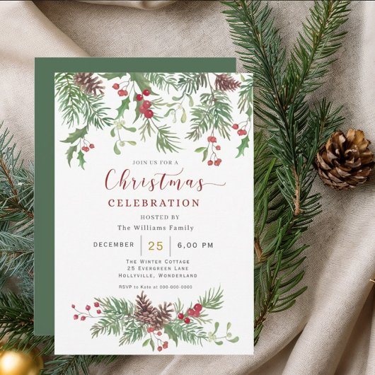 Invitation Christmas Greenery Watercolor Celebration Invitati