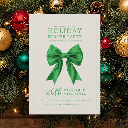 Invitation Christmas Holiday Dinner Party Green Satin Bow