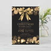 Invitation Christmas Holiday Dinner Party Winter Gold Bow (Debout devant)