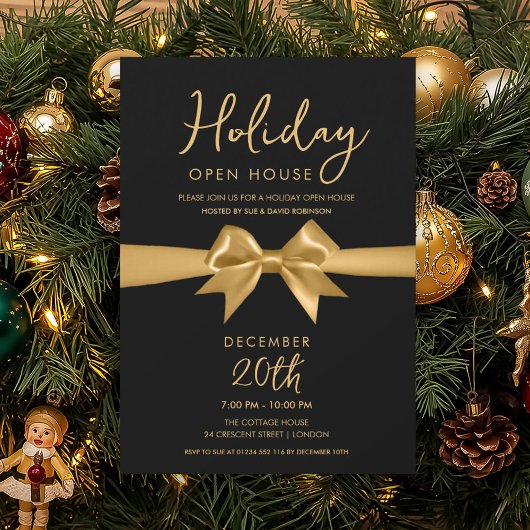 Invitation Christmas Holiday Open House Gold Bow Black