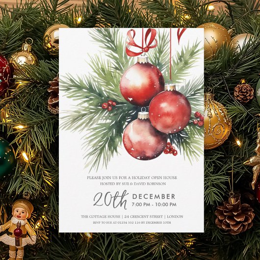 Invitation Christmas Holiday Open House Hand Painted Baubles 