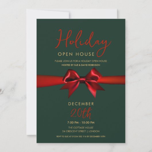 Invitation Christmas Holiday Open House Red Bow Green (Devant)