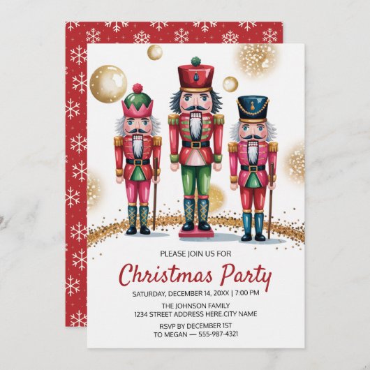Invitation Christmas Holiday Party Nutcracker Gold Glitter    (Devant / Derrière)