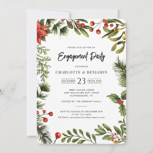 Invitation Christmas Holiday Red Berries Engagement Party (Devant)