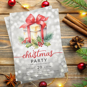 Invitation Christmas Holiday Watercolor Company Bokeh Silver