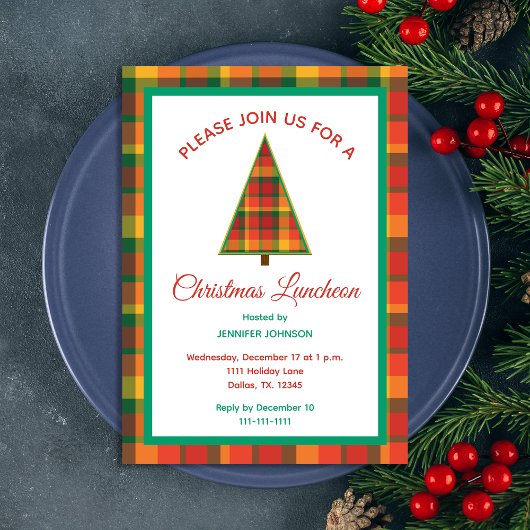 Invitation Christmas Luncheon Colorful Plaid Christmas Tree