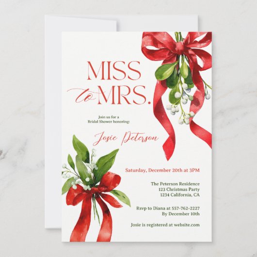 Invitation Christmas Mistletoe Red Bow Miss to Mrs Bridal (Devant)