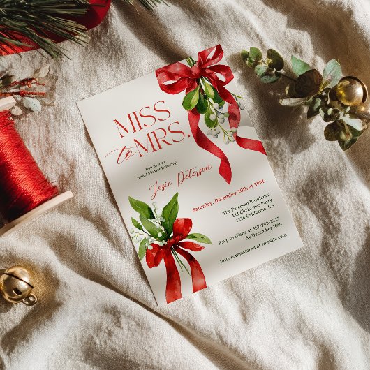 Invitation Christmas Mistletoe Red Bow Miss to Mrs Bridal