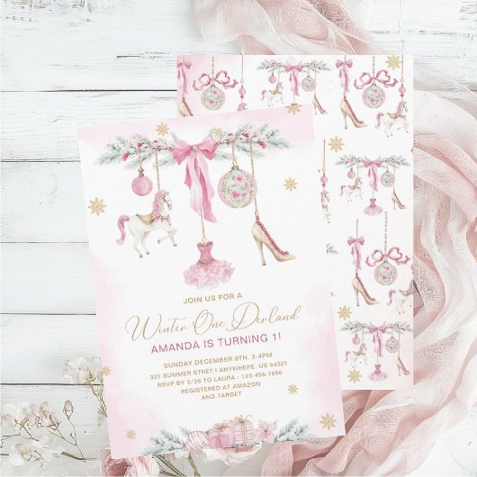 Invitation Christmas Nutcracker One DerLand pink ballet baby