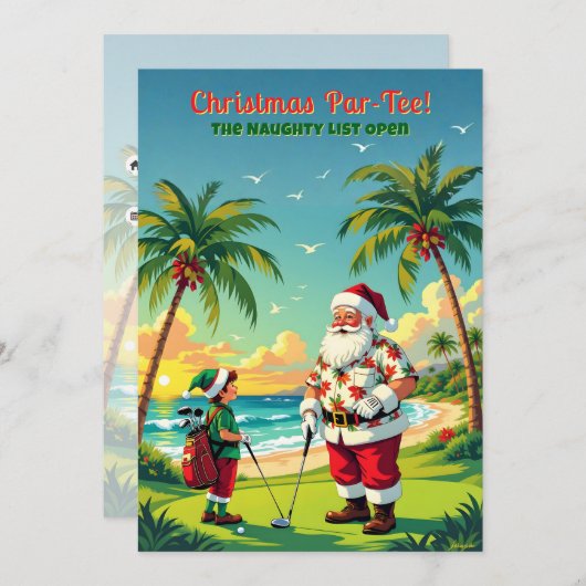Invitation Christmas Par-Tee Funny Tropical Golf Santa Party (Devant / Derrière)