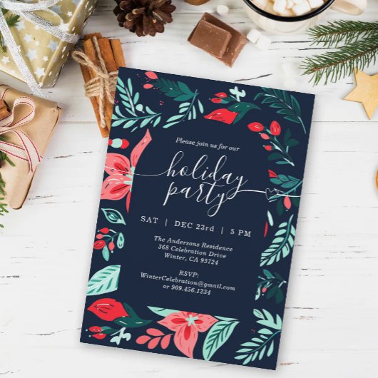 Invitation Christmas Party Blue Botanical Red Floral