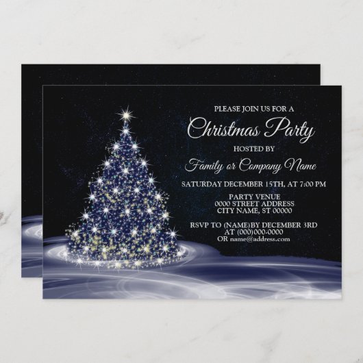 Invitation Christmas Party Blue Shiny Tree Winter Navy (Devant / Derrière)