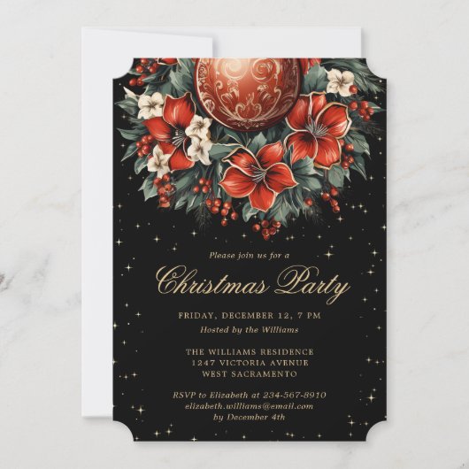Invitation Christmas Party Elegant Black Gold Botanical (Devant)