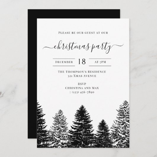 Invitation Christmas Party Holiday Vintage Black White Pines (Devant / Derrière)