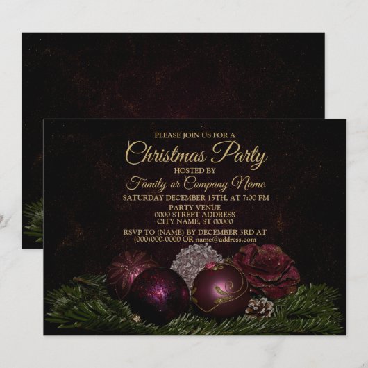 Invitation Christmas Party Pink Ornaments Green Leaves Black (Devant / Derrière)