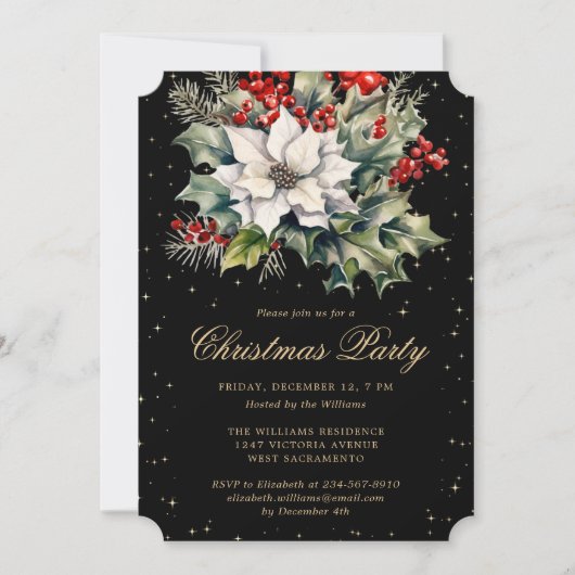 Invitation Christmas Party Poinsettia Holly Red Berries Black (Devant)