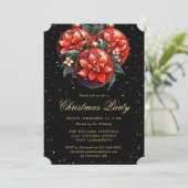Invitation Christmas Party Red Botanical Ornaments Black (Debout devant)