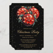 Invitation Christmas Party Red Botanical Ornaments Black (Devant / Derrière)