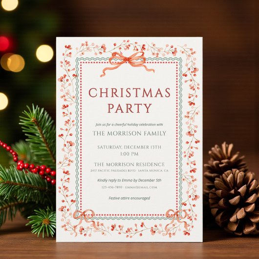 Invitation Christmas Party Red Bow Botanical Holiday