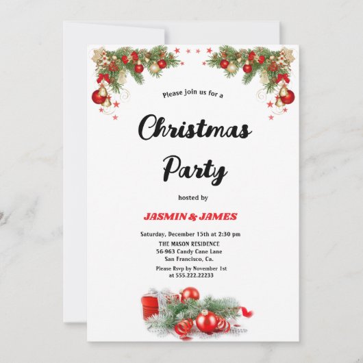 Invitation Christmas party red green baubles invitatio (Devant)