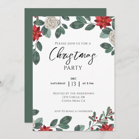 Invitation Christmas Party Red Green Floral (Devant / Derrière)